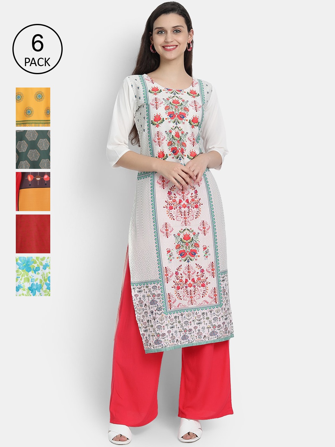 

7Threads Women Pack of 6 Printed Crepe Kurtas, Yellow