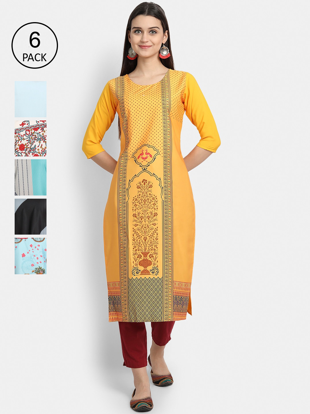 

7Threads Women Pack Of 6 Printed Crepe Kurta, Yellow