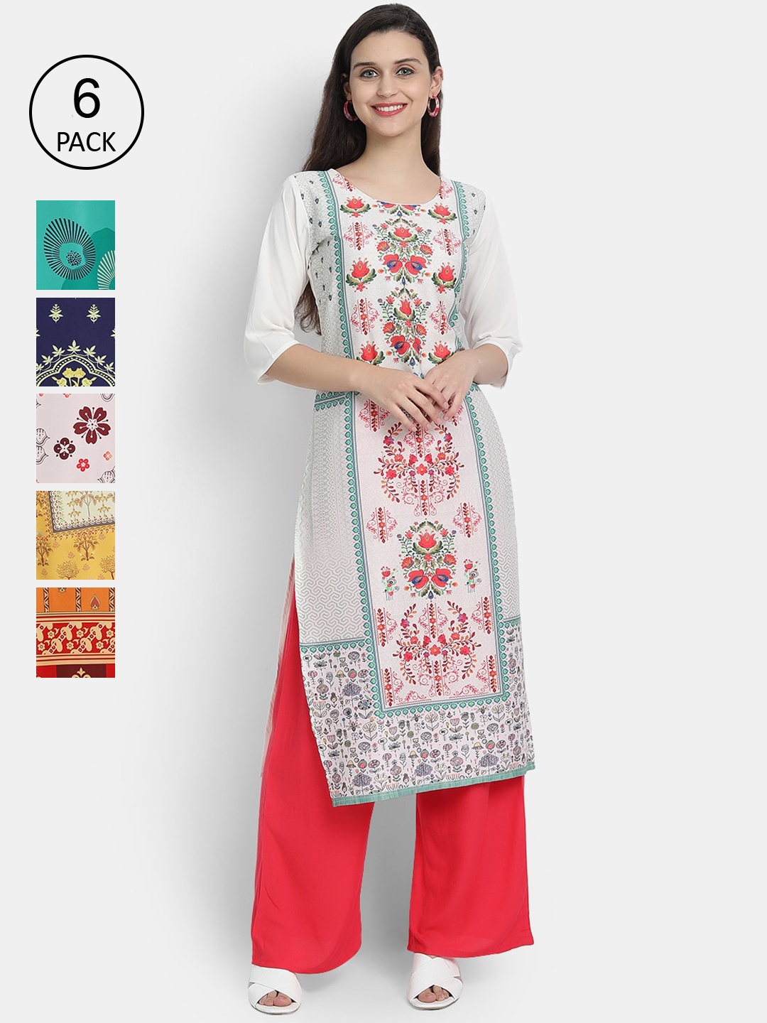 

7Threads Women Pack of 6 Multicoloured Printed Crepe Straight Kurta, Multi