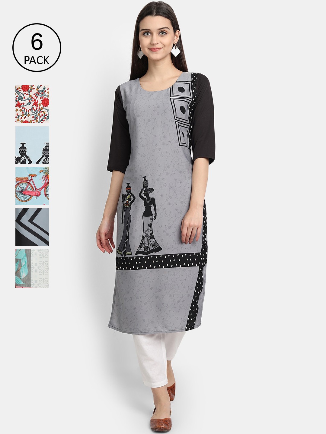 

7Threads Women Pack Of 6 Multicoloured Ethnic Motifs Printed Crepe Kurta, Multi