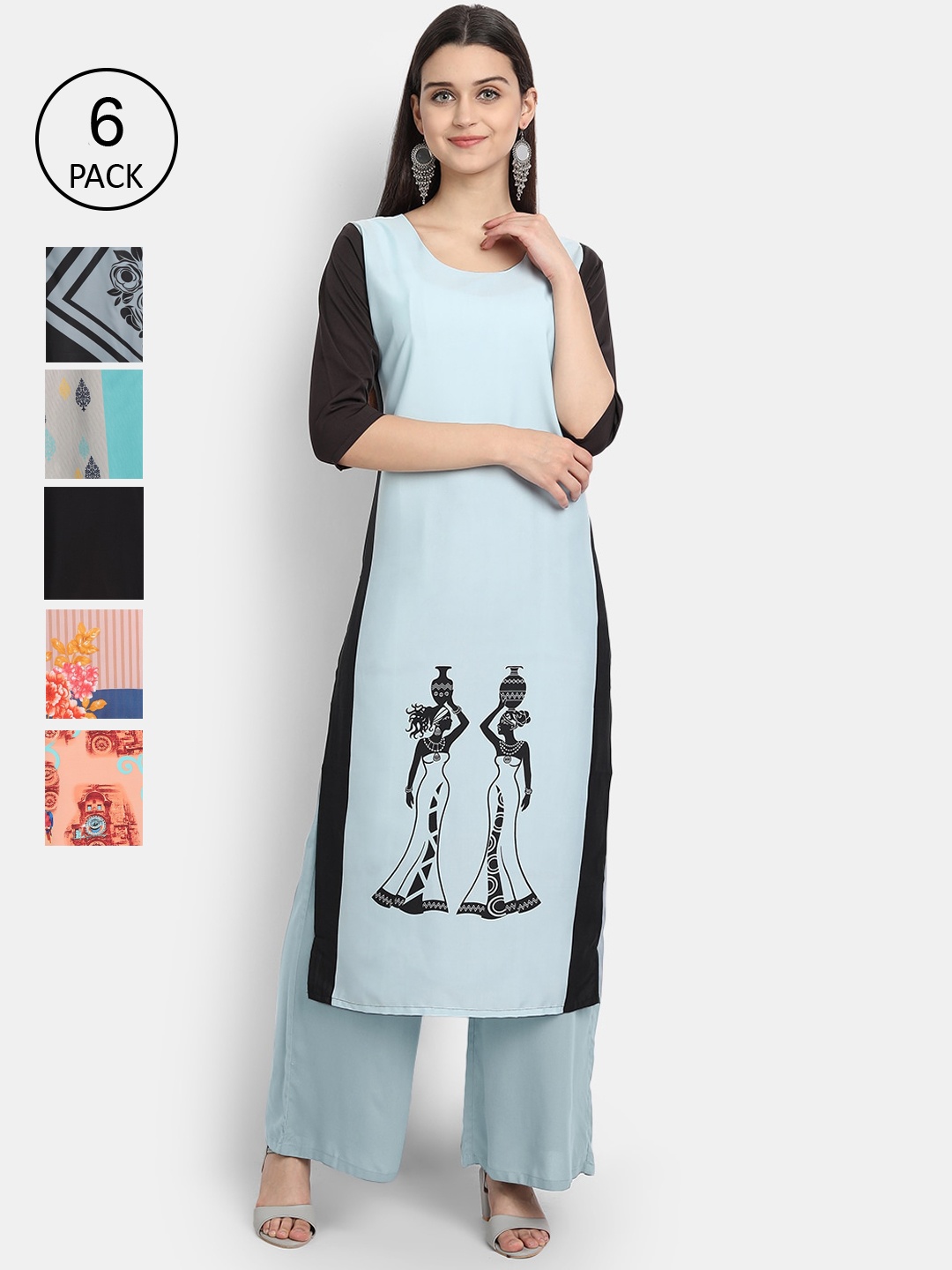 

7Threads Women Pack of 6 Multicoloured Printed Crepe Straight Kurta, Multi