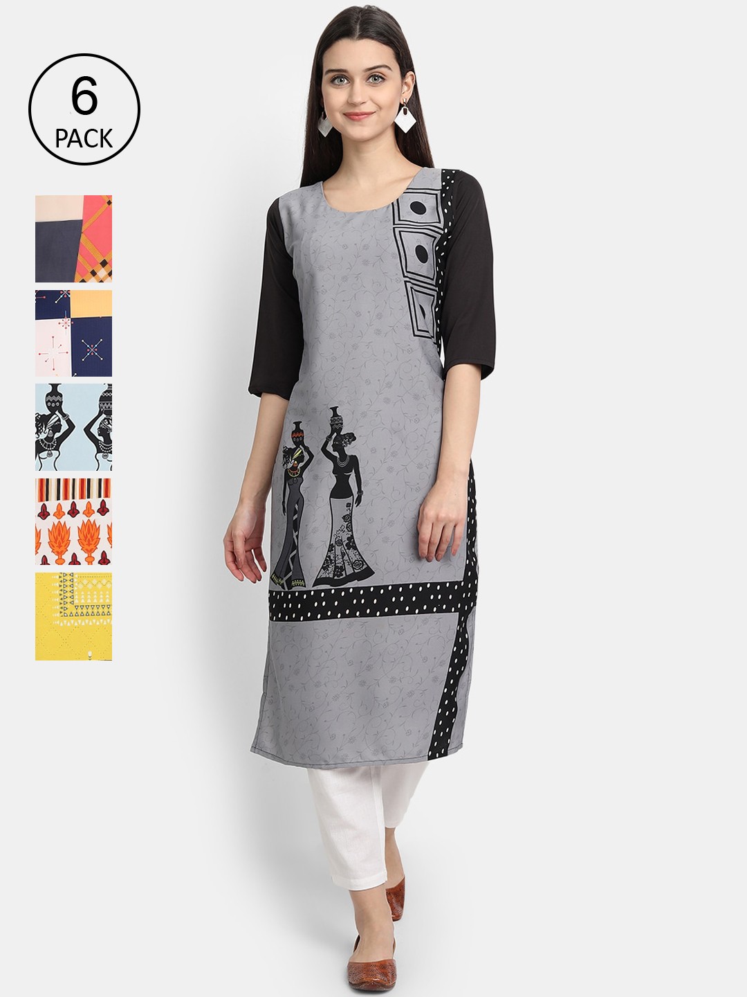 

7Threads Women Pack of 6 Multicoloured Printed Crepe Straight Kurta, Multi