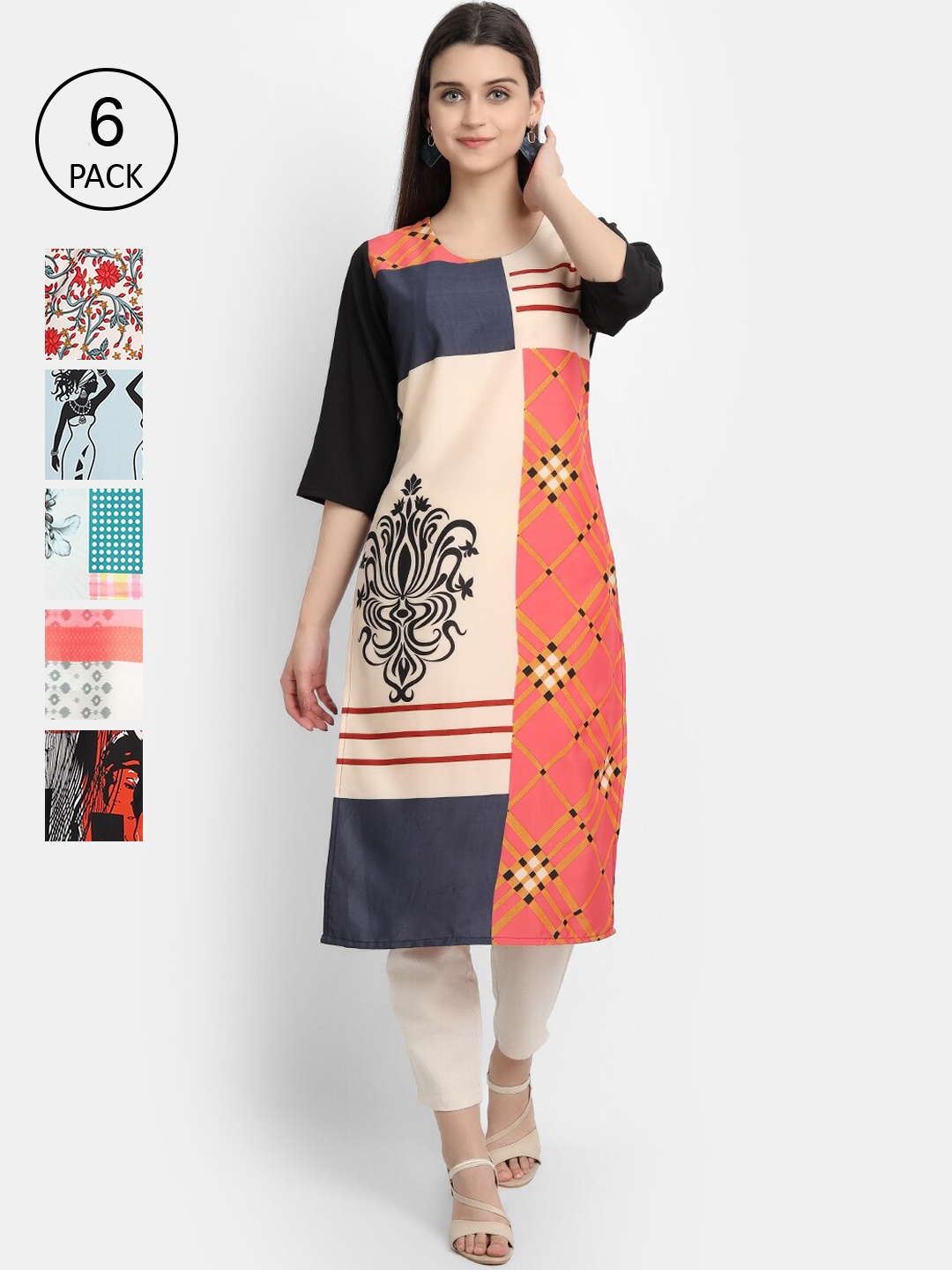 

7Threads Women Pack of 6 Printed Crepe Kurtas, Green