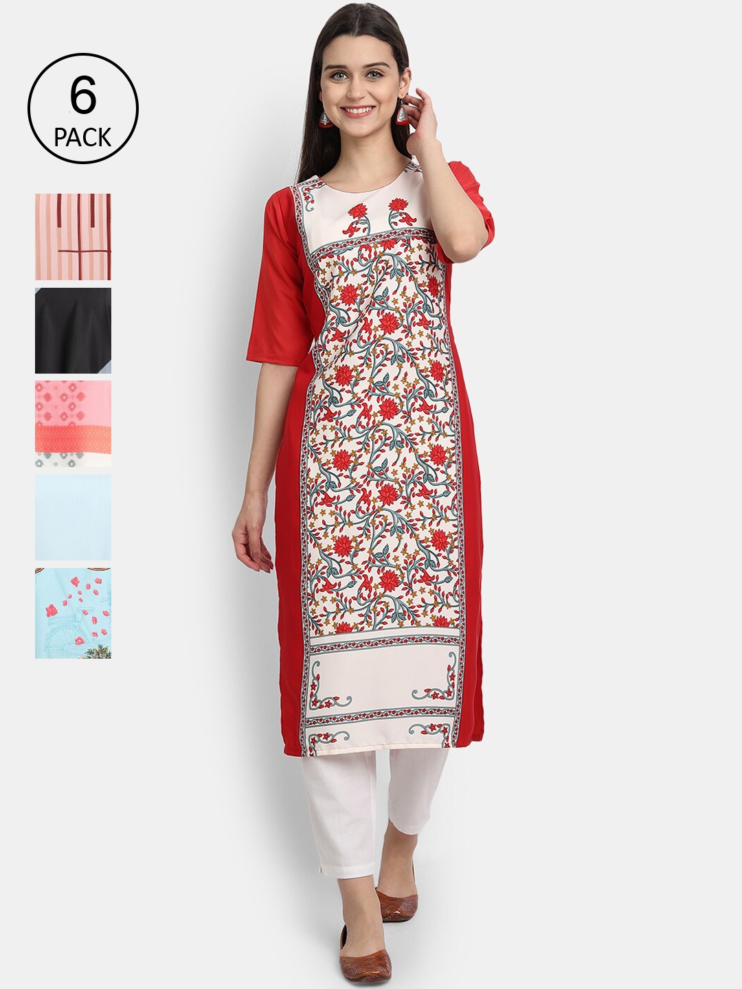 

7Threads Women Pack Of 6 Printed Crepe Kurta, Blue