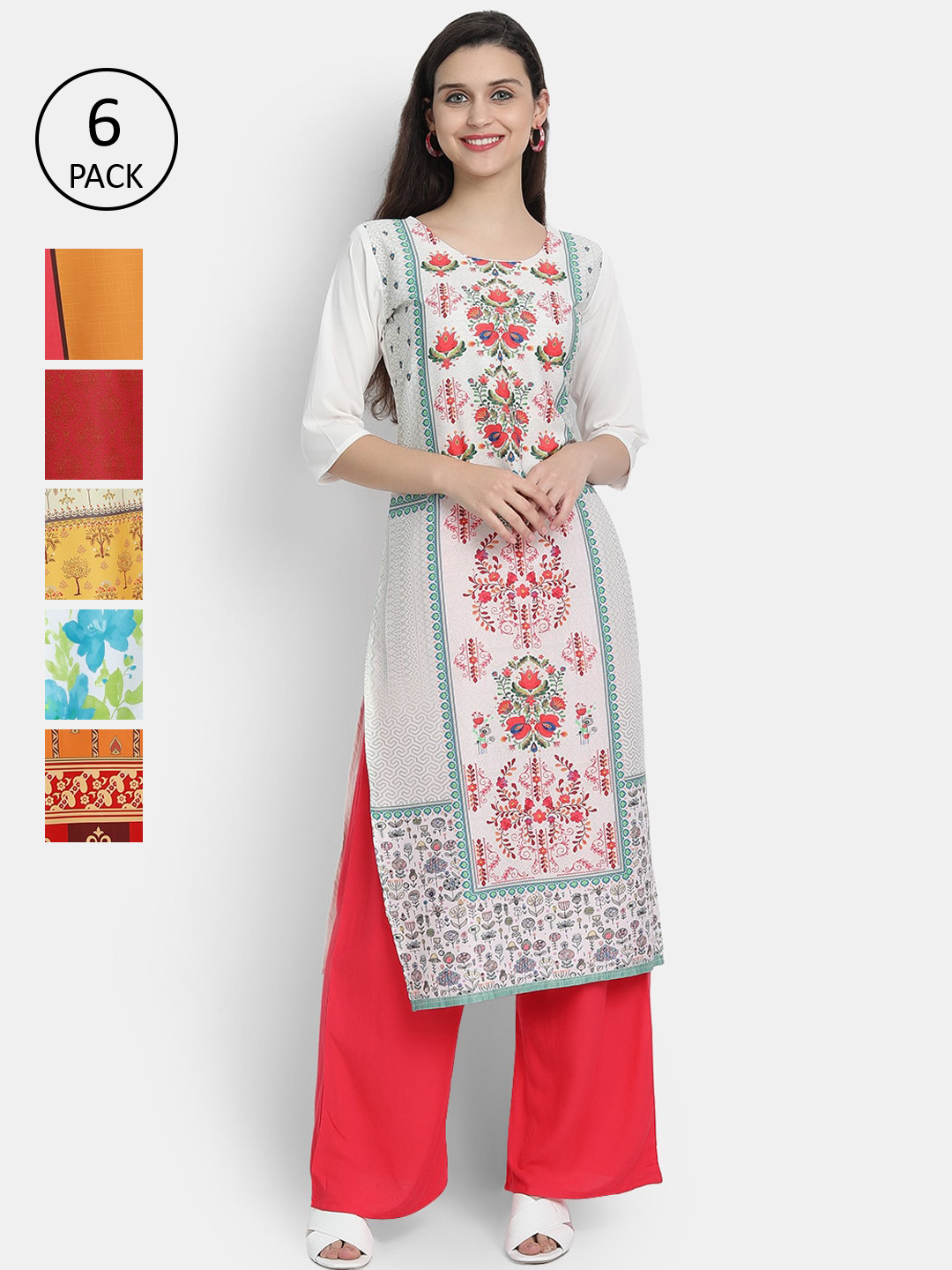 

7Threads Women Pack Of 6 Ethnic Motifs Printed Crepe Kurtas, Multi