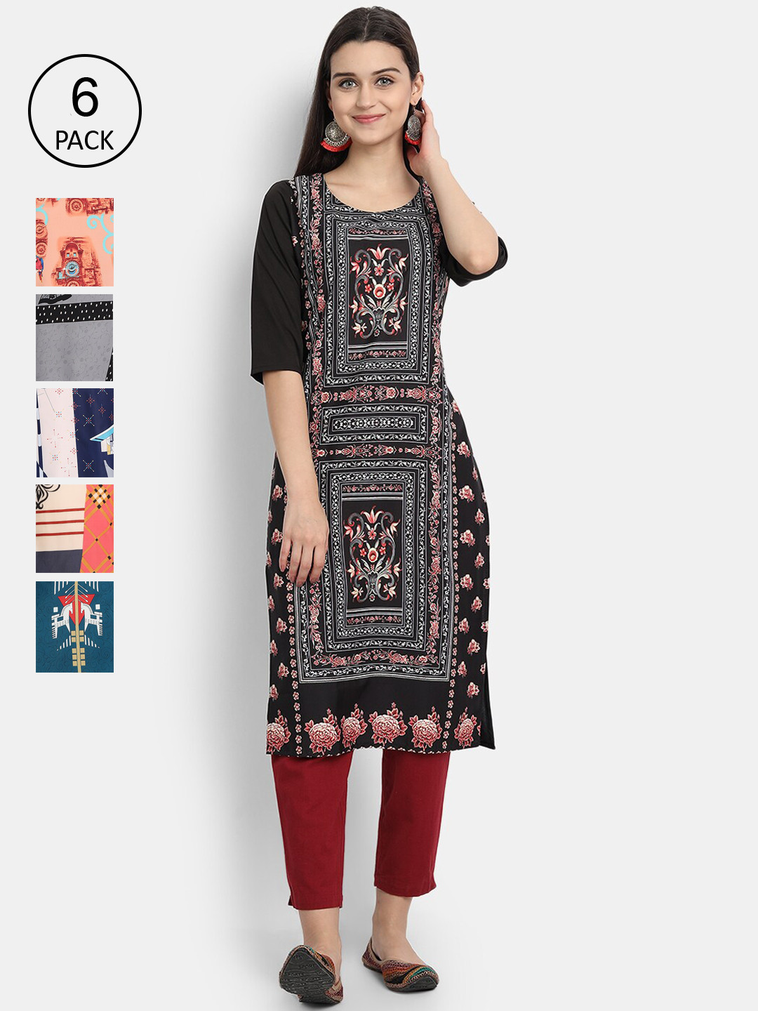 

7Threads Women Multicoloured Pack of 6 Ethnic Motifs Printed Crepe Kurta, Multi