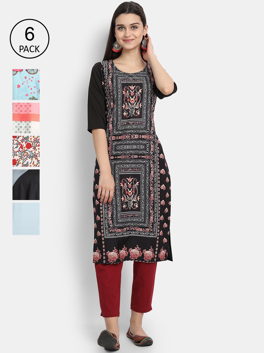 

7Threads Women Pack Of 6 Kurtas, Black