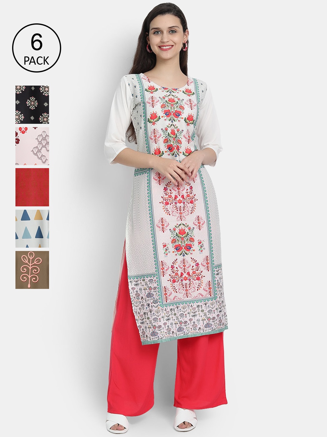 

7Threads Women Pack Of 6 Multicoloured Ethnic Motifs Printed Crepe Kurta, Multi