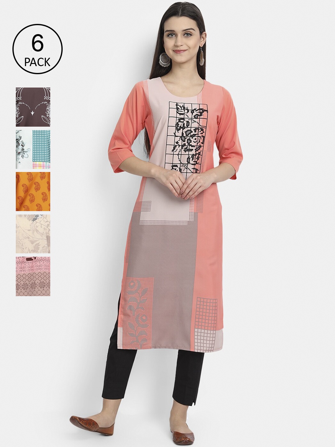 

7Threads Women Pack Of 6 Crepe Kurtas, Multi