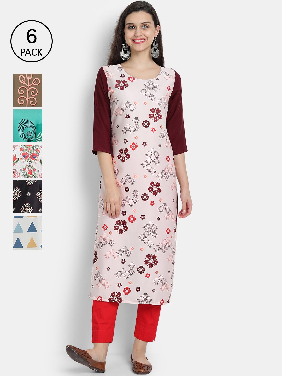 7Threads Women Pack of 6 Printed Crepe Kurtas, Pink