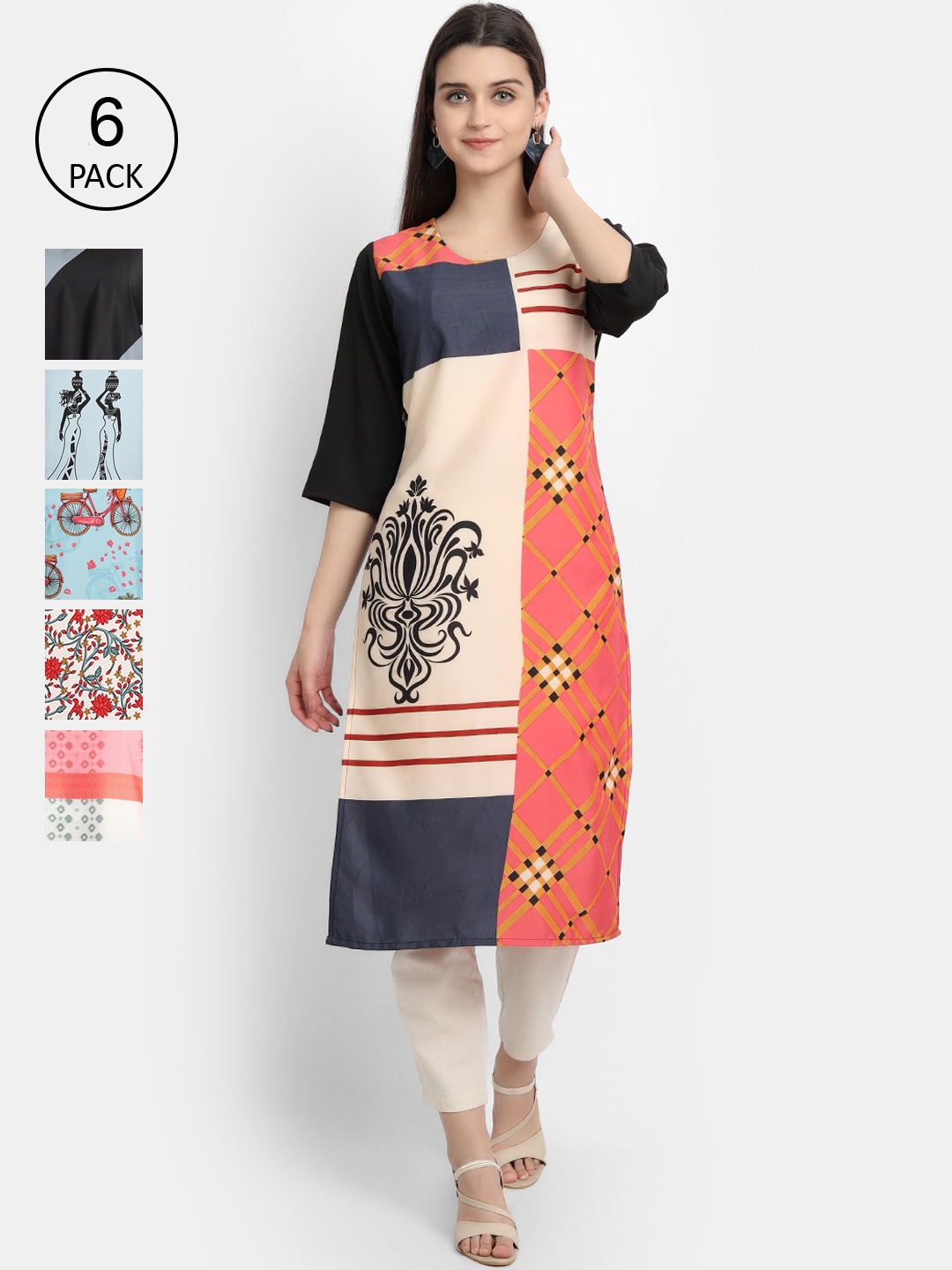 

7Threads Women Multicoloured Pack of 6 Geometric Printed Thread Work Crepe Kurta, Multi