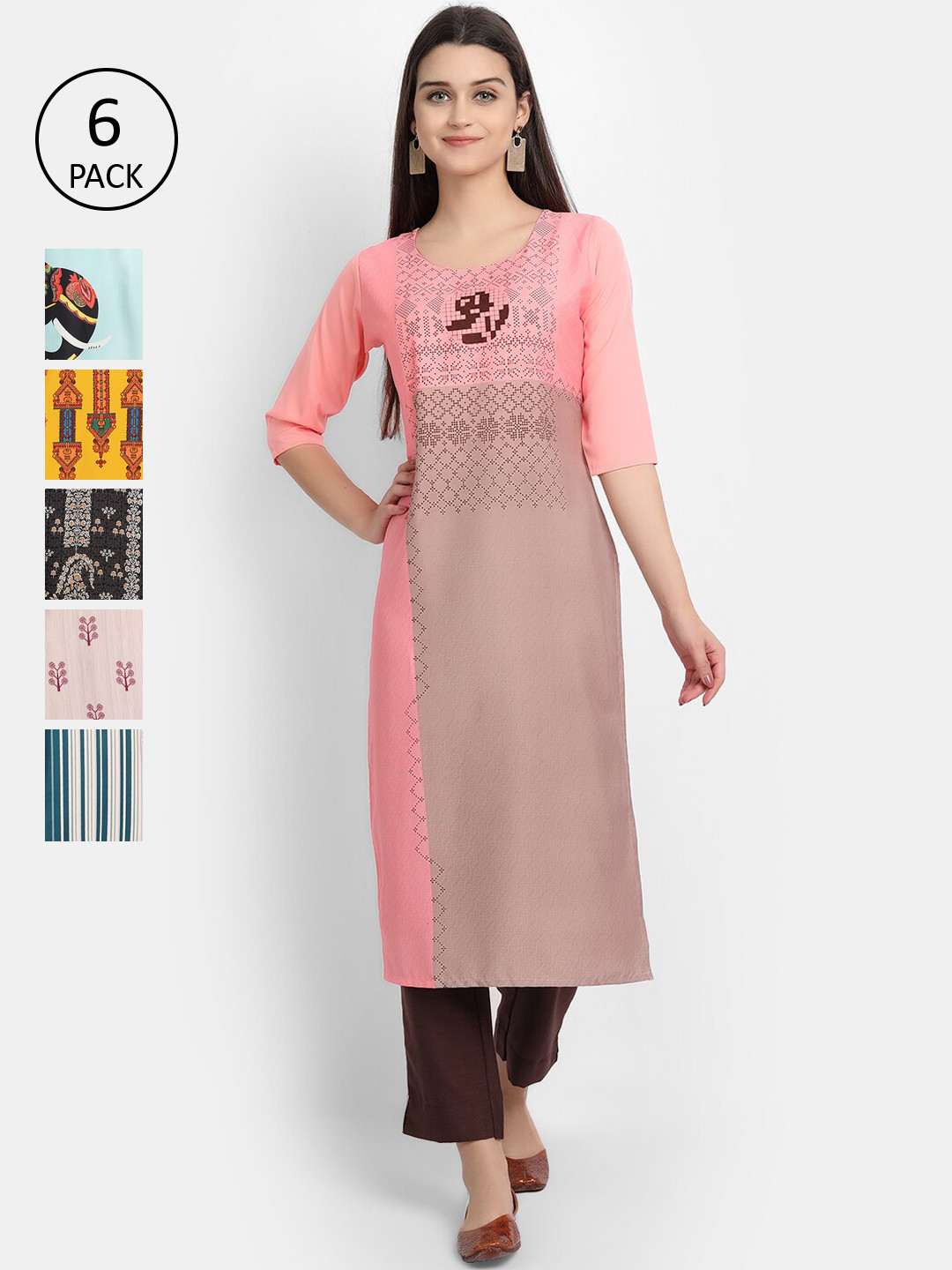 

7Threads Women Pack of 6 Printed Crepe Kurtas, Pink