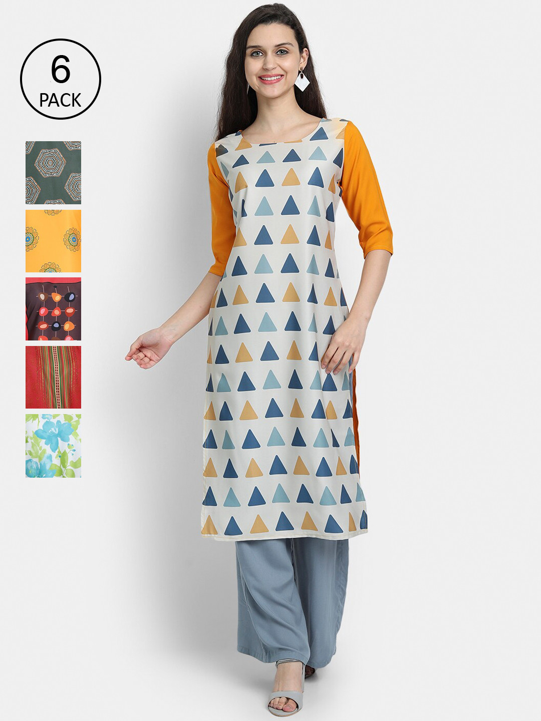 

7Threads Woman Pack of 6 Multicoloured Geometric Printed Crepe Kurta, Multi