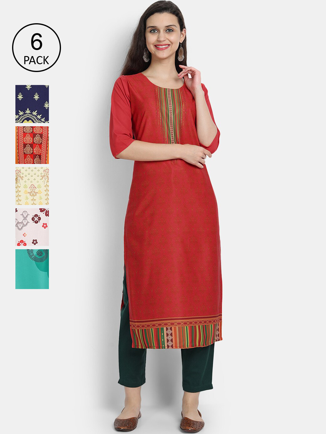

7Threads Women Pack Of 6 Printed Crepe Kurta, Red
