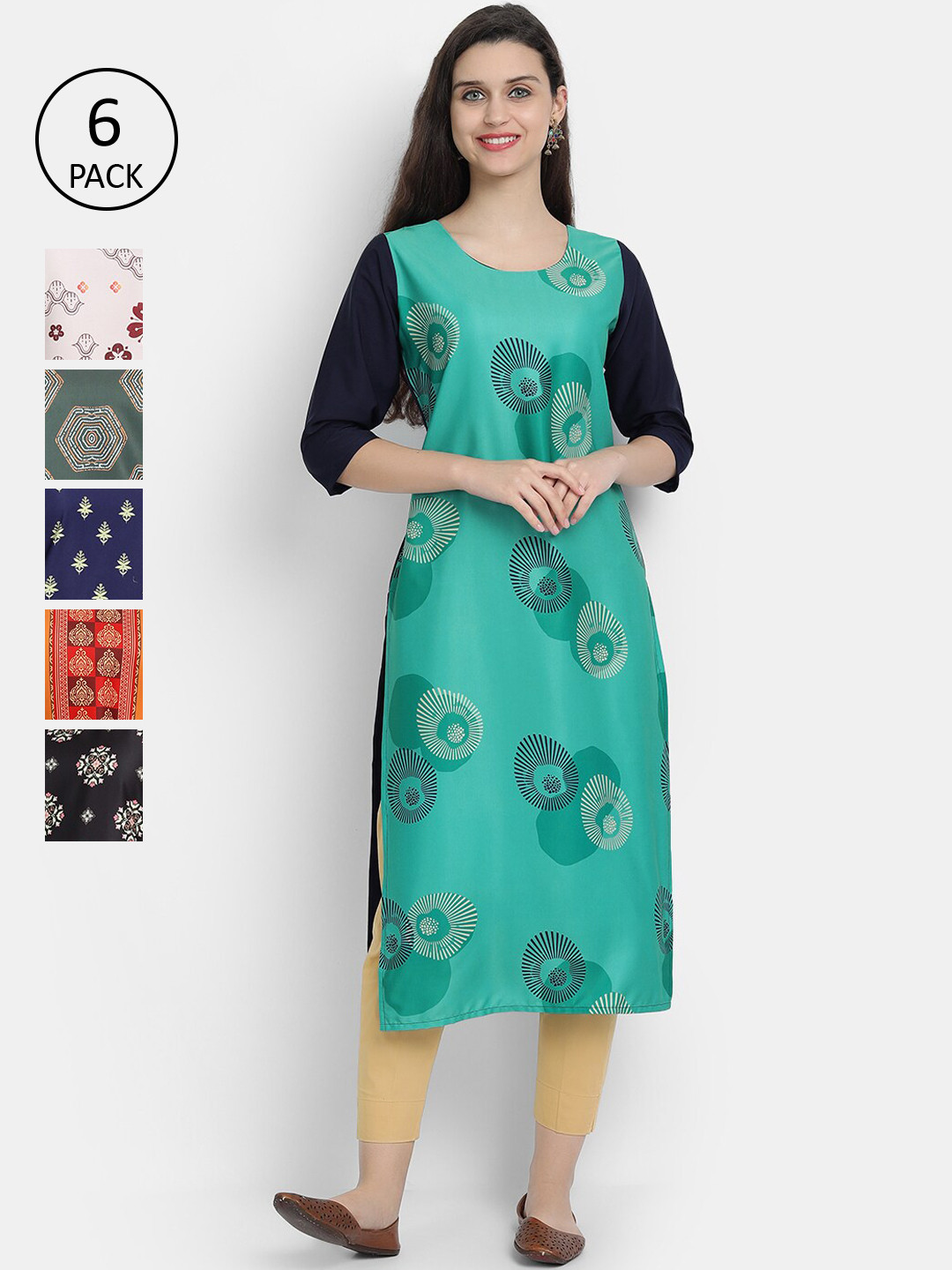 

7Threads Women Multicoloured Pack of 6 Ethnic Motifs Printed Thread Work Crepe Kurta, Multi