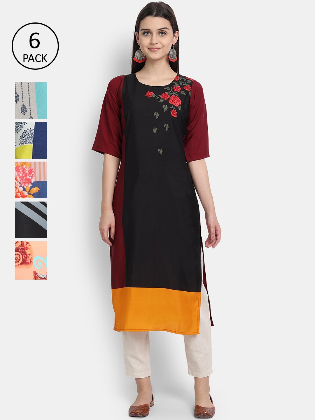 

7Threads Women Multicoloured & raisin black Colourblocked Patchwork Crepe Kurta, Multi