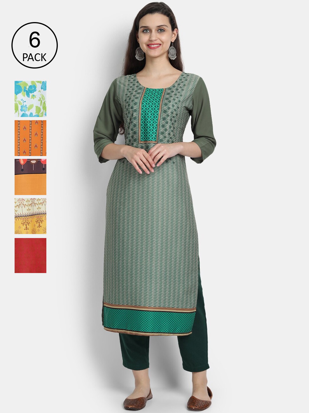 

7Threads Woman Pack of 6 Multicoloured Ethnic Motifs Printed Crepe Kurta, Multi