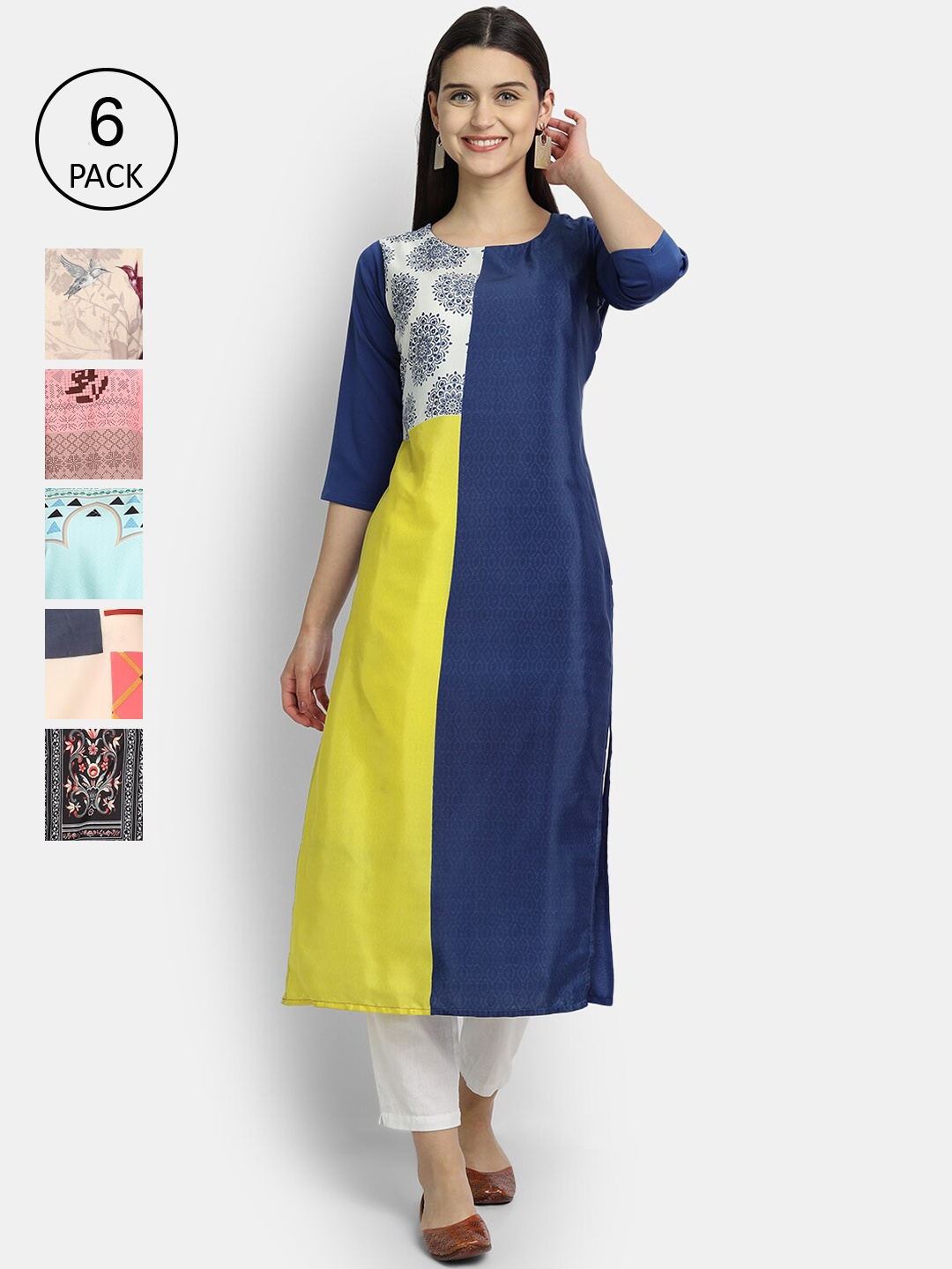 

7Threads Women Pack Of 6 Printed Crepe Kurta, Blue
