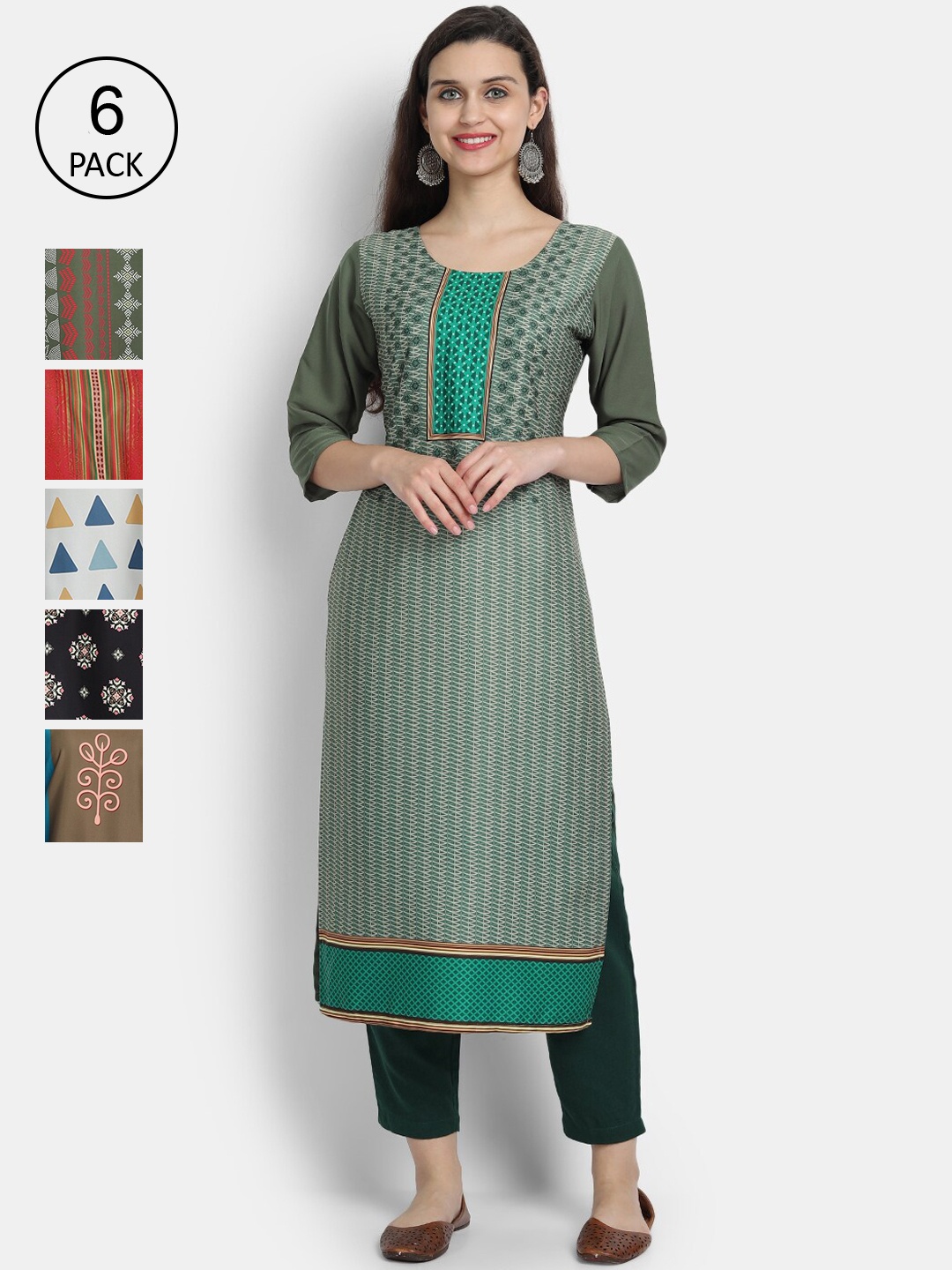 

7Threads Women Multicoloured Pack of 6 Ethnic Motifs Embroidered Thread Work Crepe Kurta, Multi