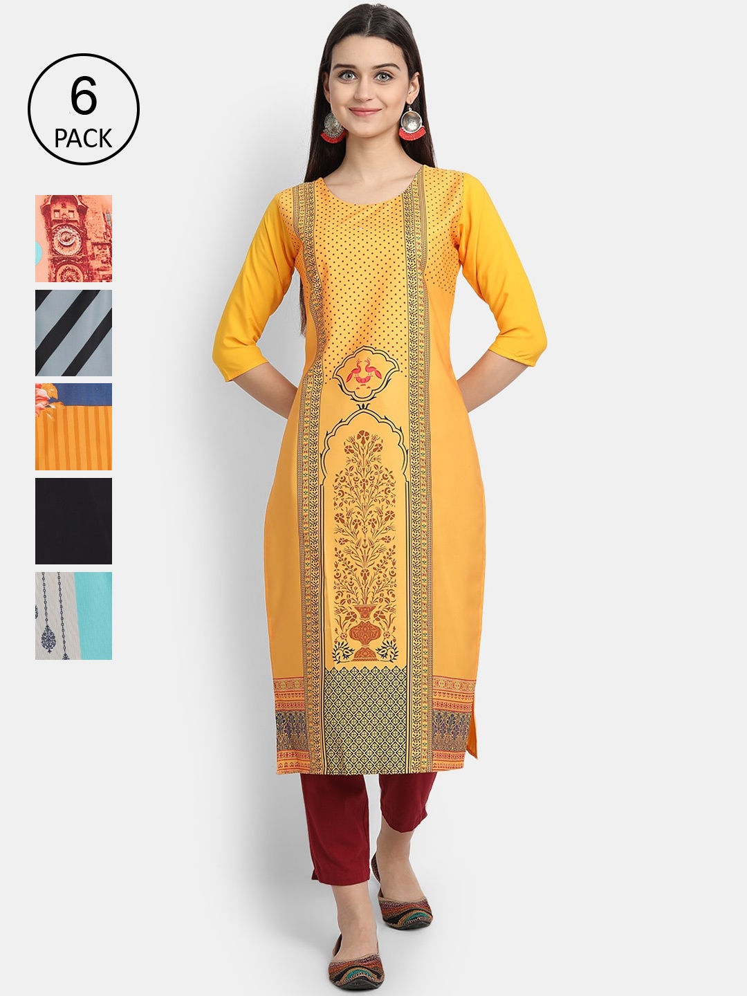 

7Threads Women Pack of 6 Ethnic Motifs Printed Crepe Kurtas, Multi