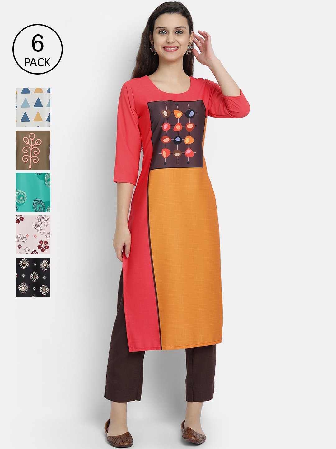 

7Threads Women Pack Of 6 Multicoloured Printed Crepe Kurta, Multi