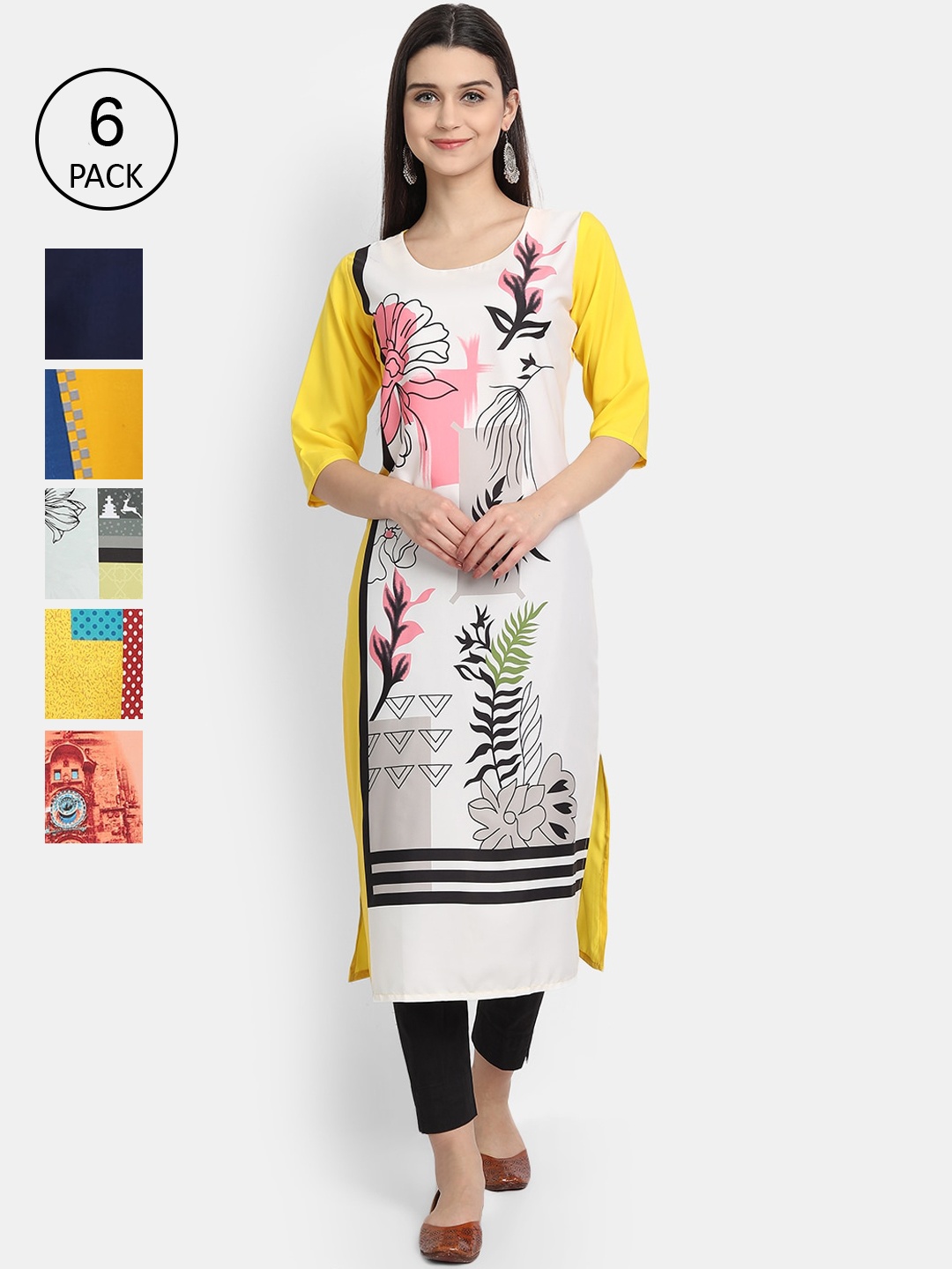 7Threads Women Pack of 6 Printed Crepe Kurtas, Yellow