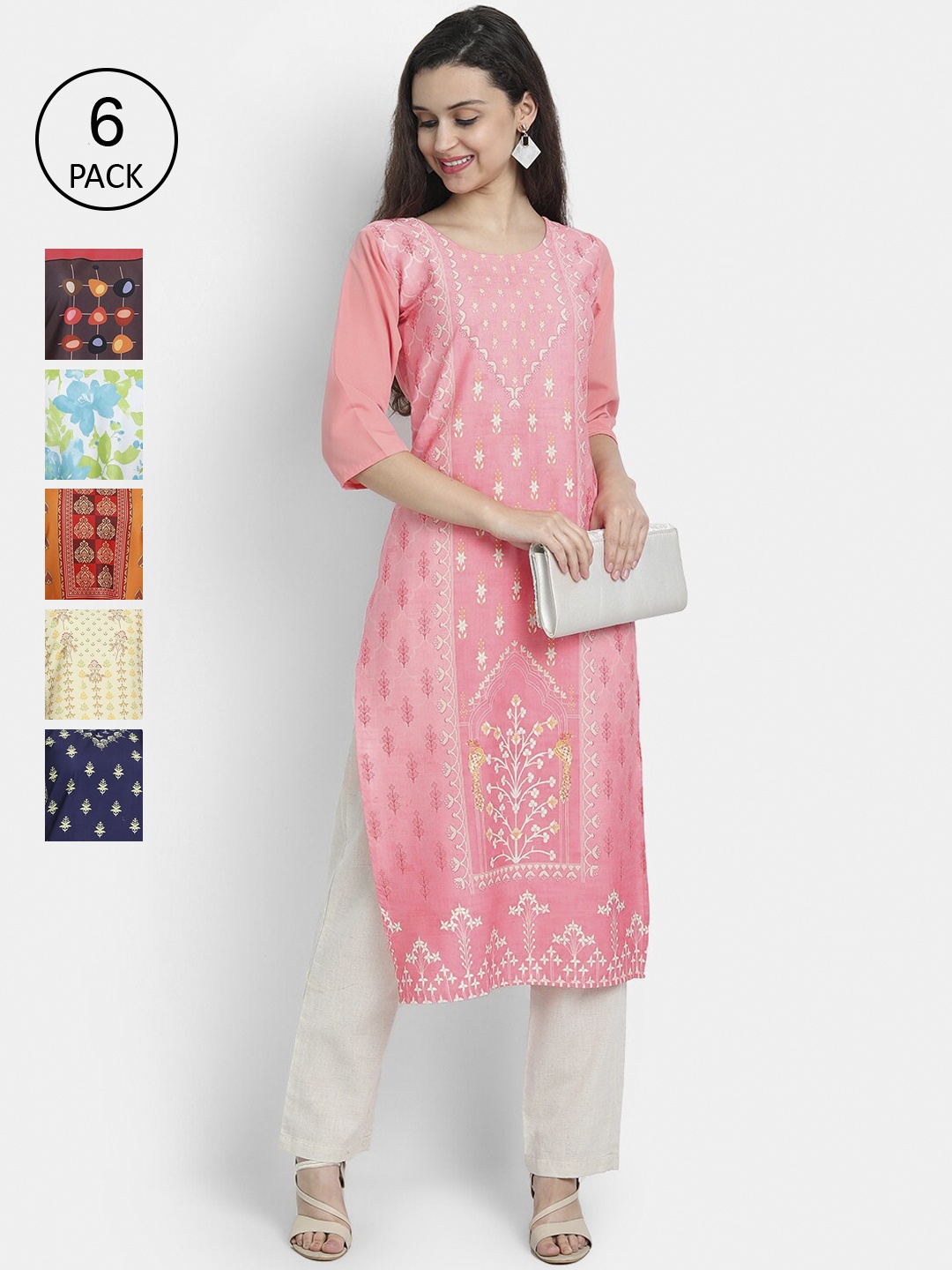 7Threads Women Pack of 6 Multicoloured Printed Straight Kurta, Multi