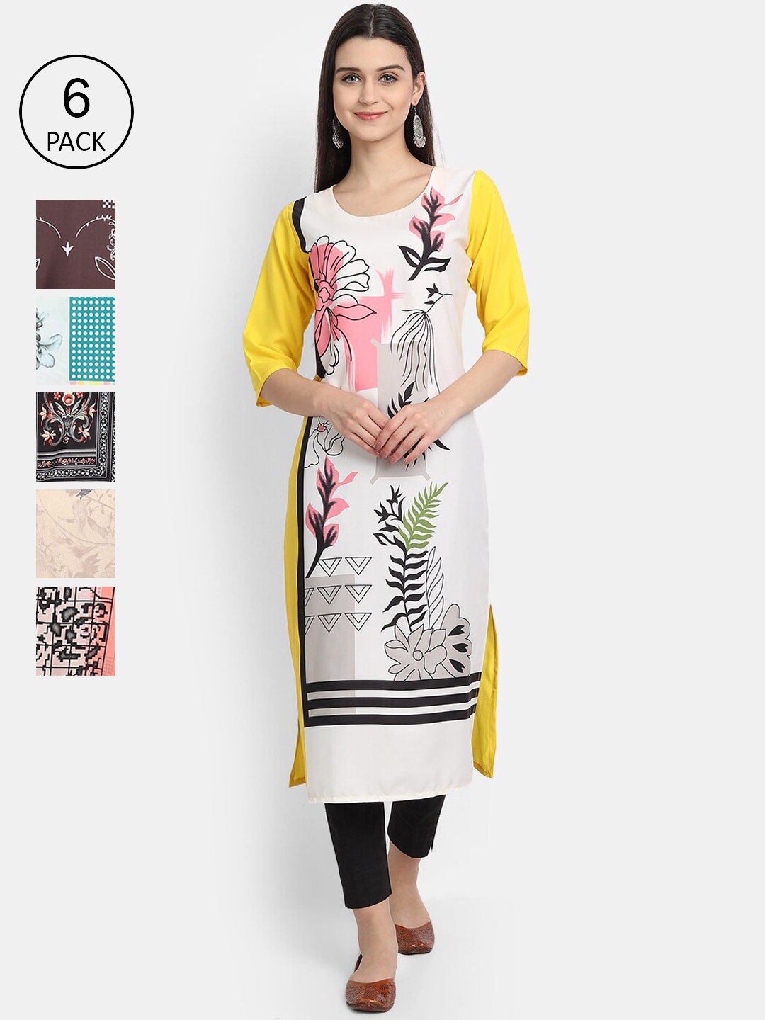 

7Threads Women Pack of 6 Floral Printed Crepe Kurtas, Multi