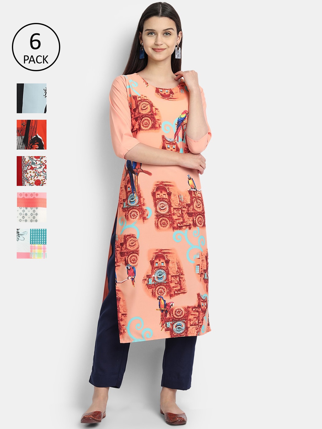 

7Threads Women Multicoloured Pack of 6 Floral Printed Crepe Kurta, Multi