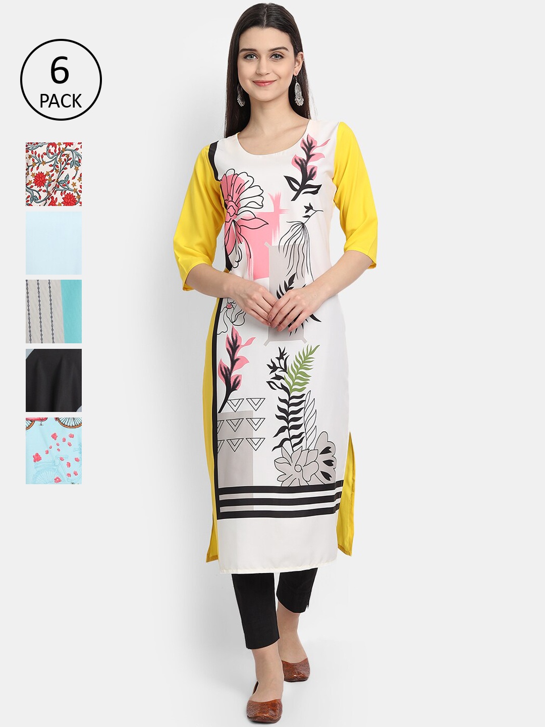 

7Threads Women Pack Of 6 Multicoloured Floral Printed Crepe Kurta, Multi