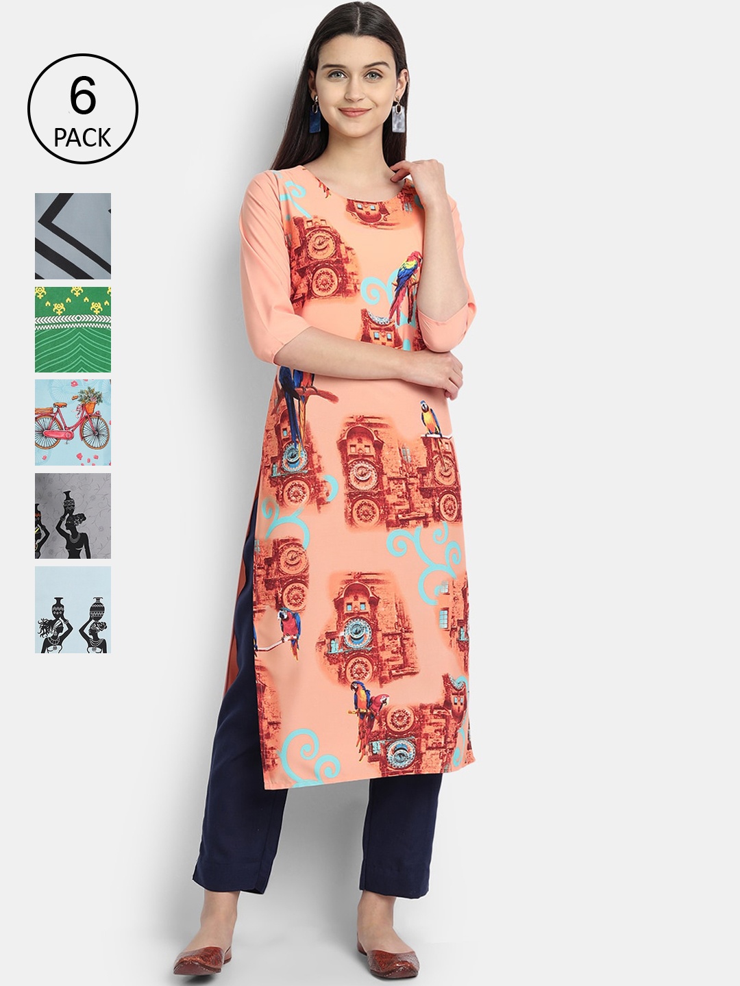 

7Threads Women Pack of 6 Printed Crepe Kurtas, Blue