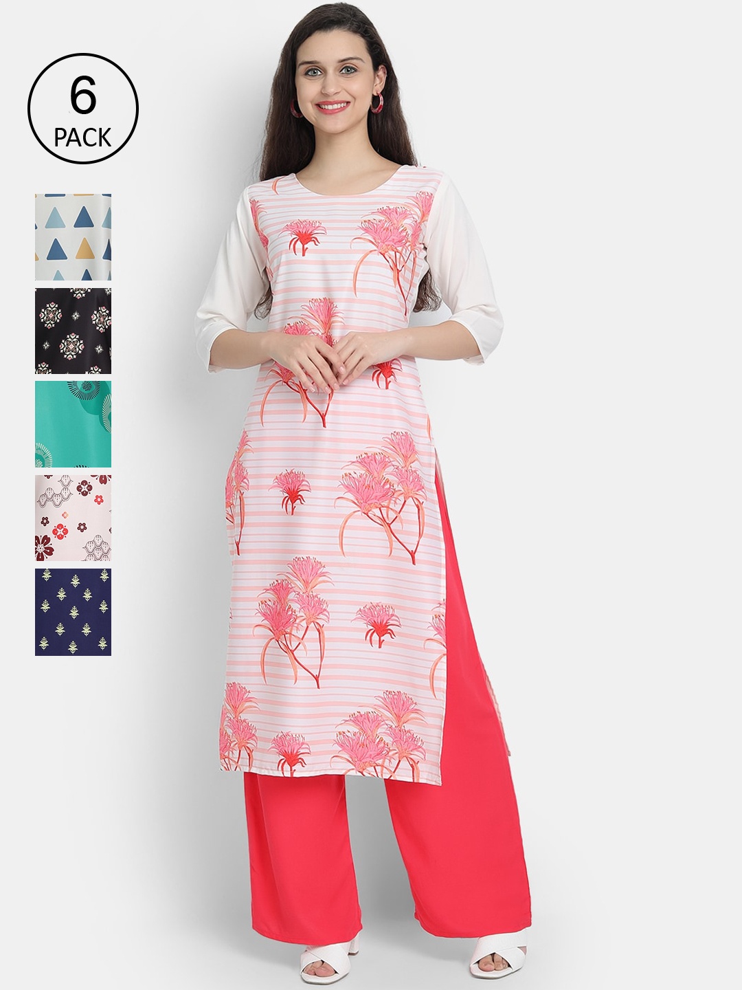 

7Threads Woman Pack of 6 Multicoloured Quirky Printed Crepe Kurta, Multi