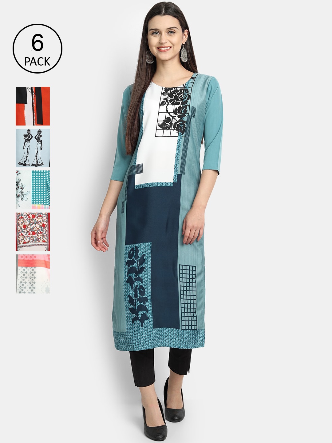 

7Threads Women Pack Of 6 Printed Crepe Kurta, Blue