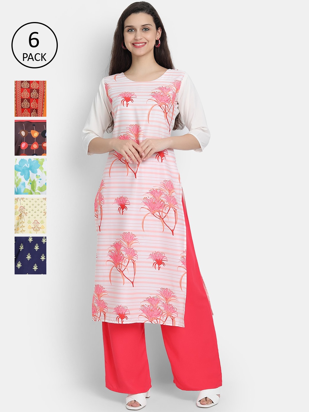 

7Threads Women Pack of 6 Ethnic Motifs Printed Crepe Kurtas, Multi