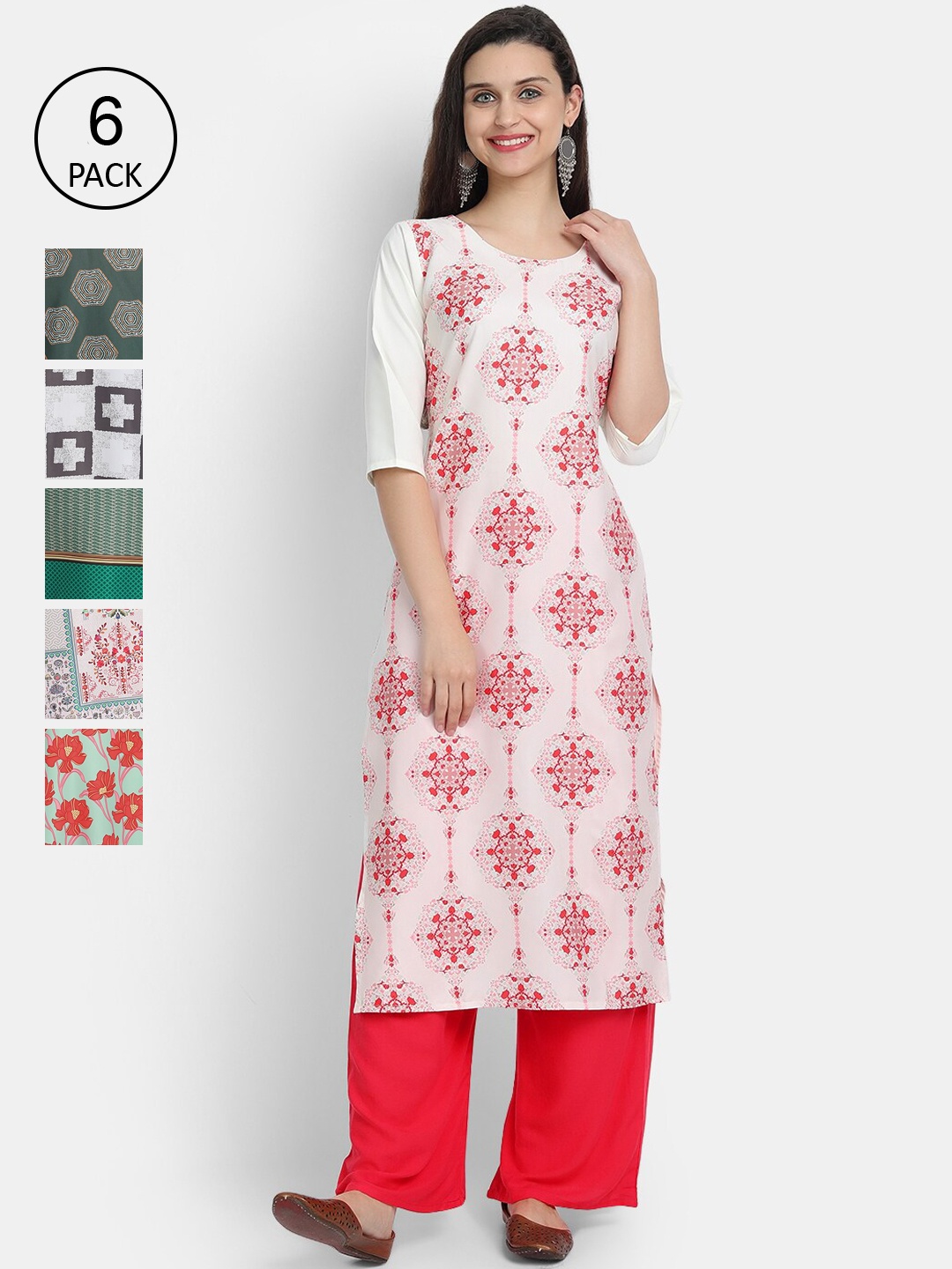 

7Threads Women Multicoloured Pack of 6 Ethnic Motifs Printed Thread Work Crepe Kurta, Multi