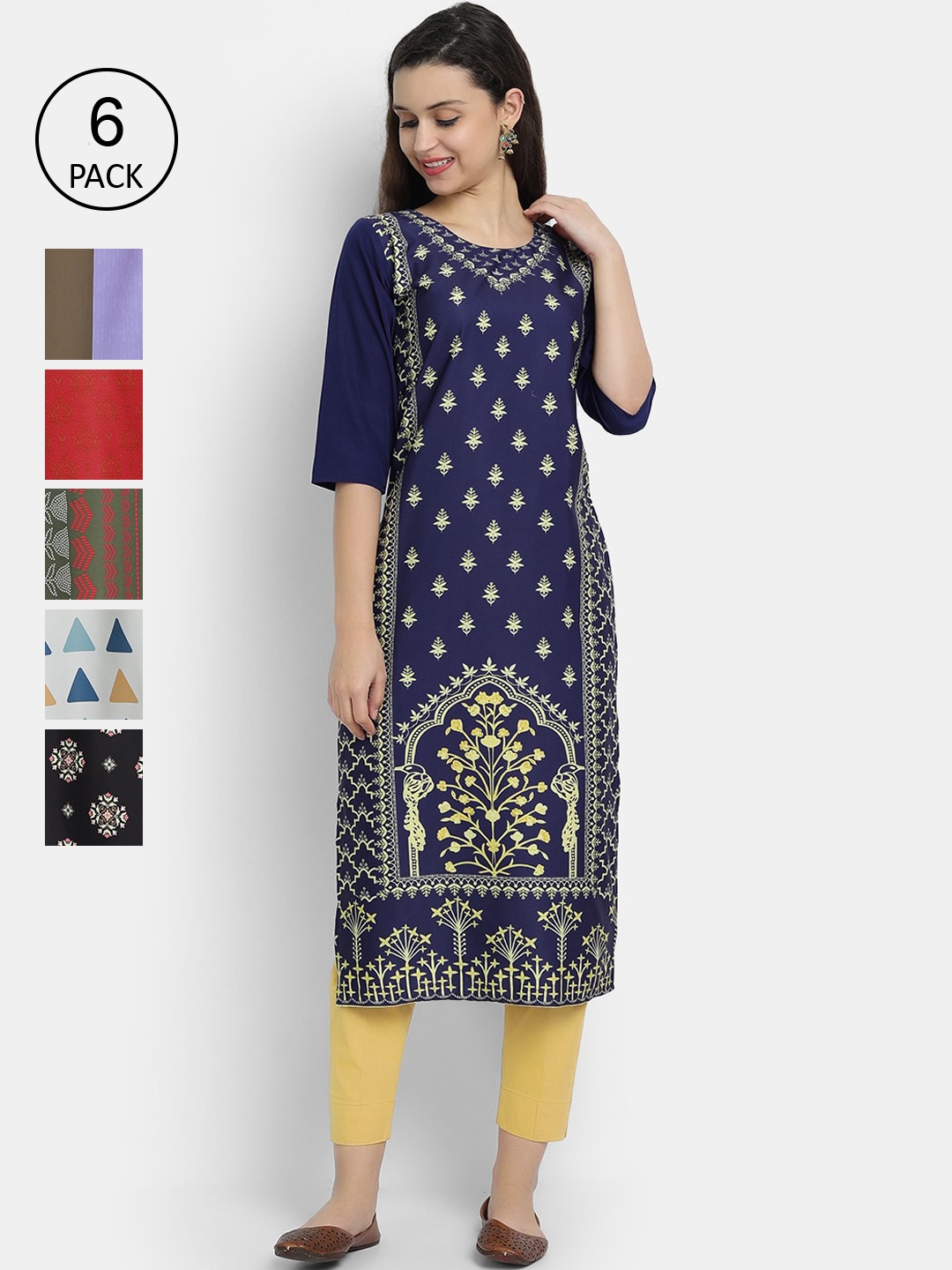 

7Threads Women Pack Of 6 Multicoloured Ethnic Motifs Printed Crepe Kurta, Multi