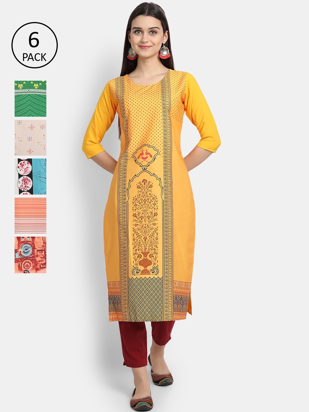 

7Threads Women Pack Of 6 Kurtas, Yellow