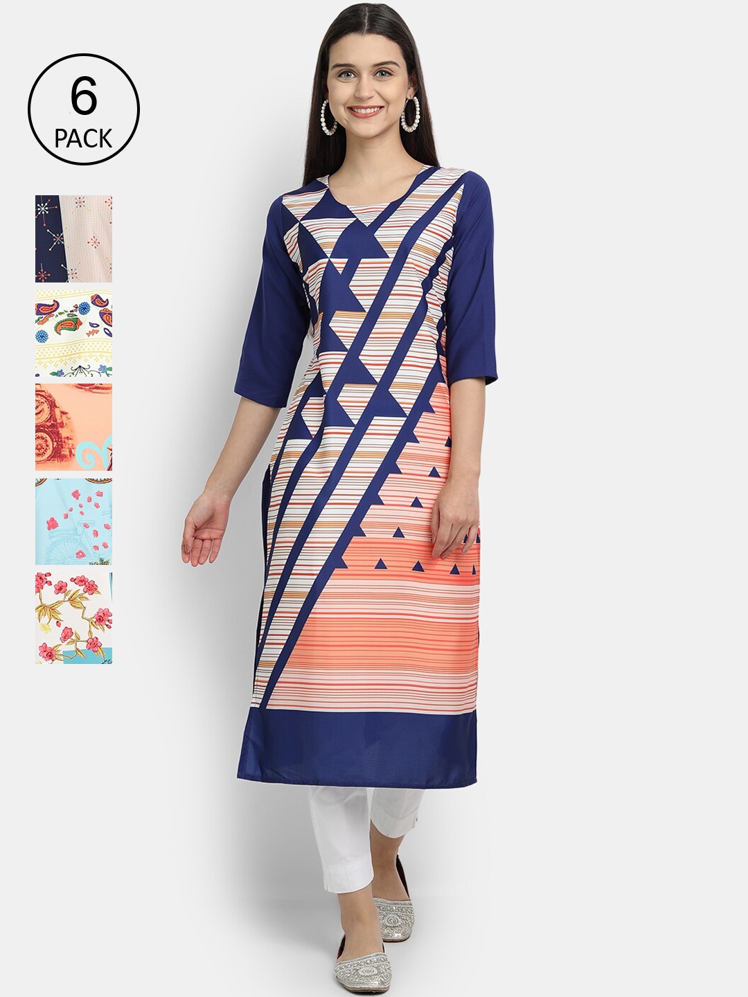 

7Threads Women Pack of 6 Printed Crepe Kurtas, Blue
