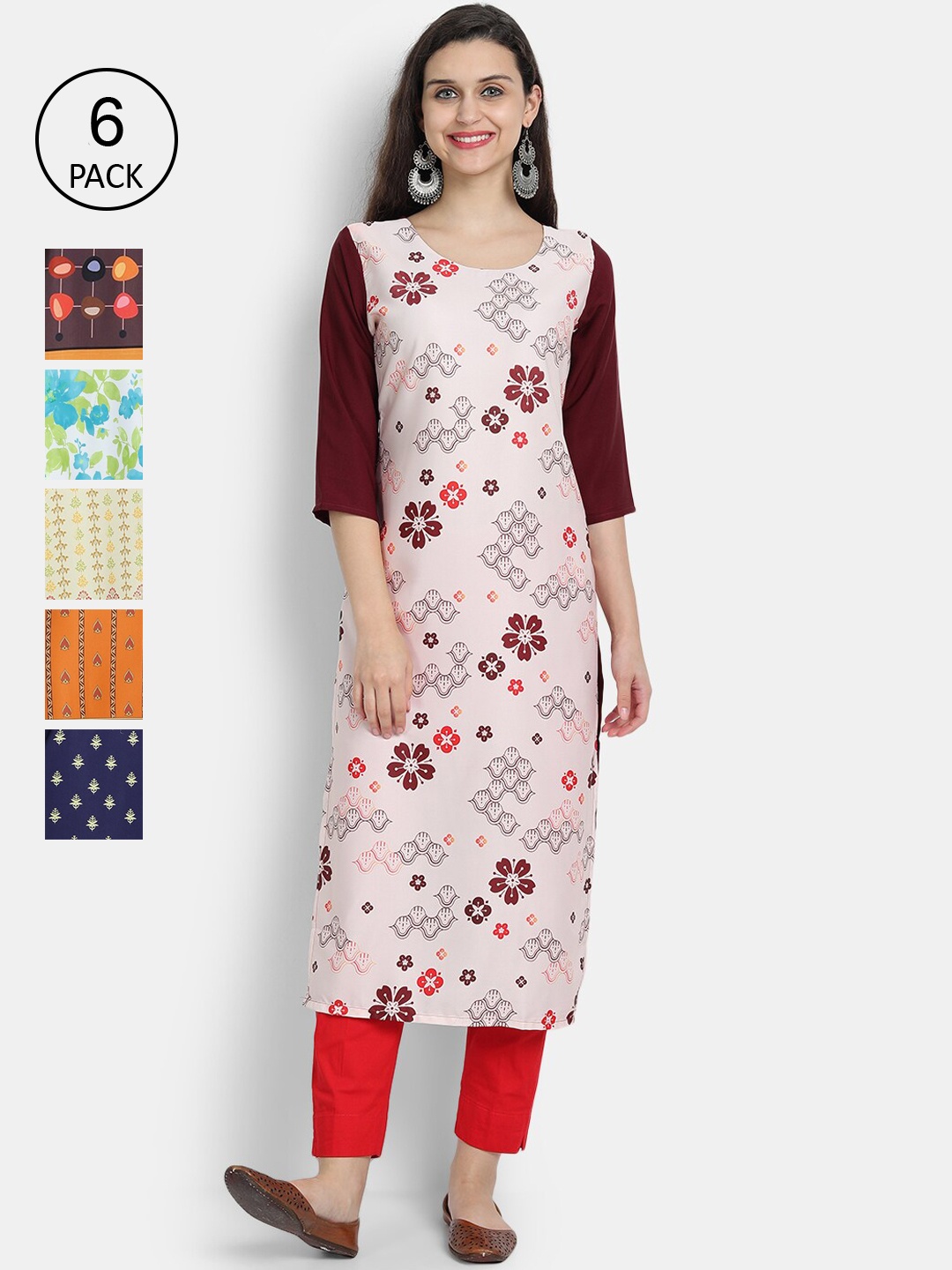 

7Threads Woman Pack of 6 Multicoloured Floral Printed Crepe Kurta, Multi
