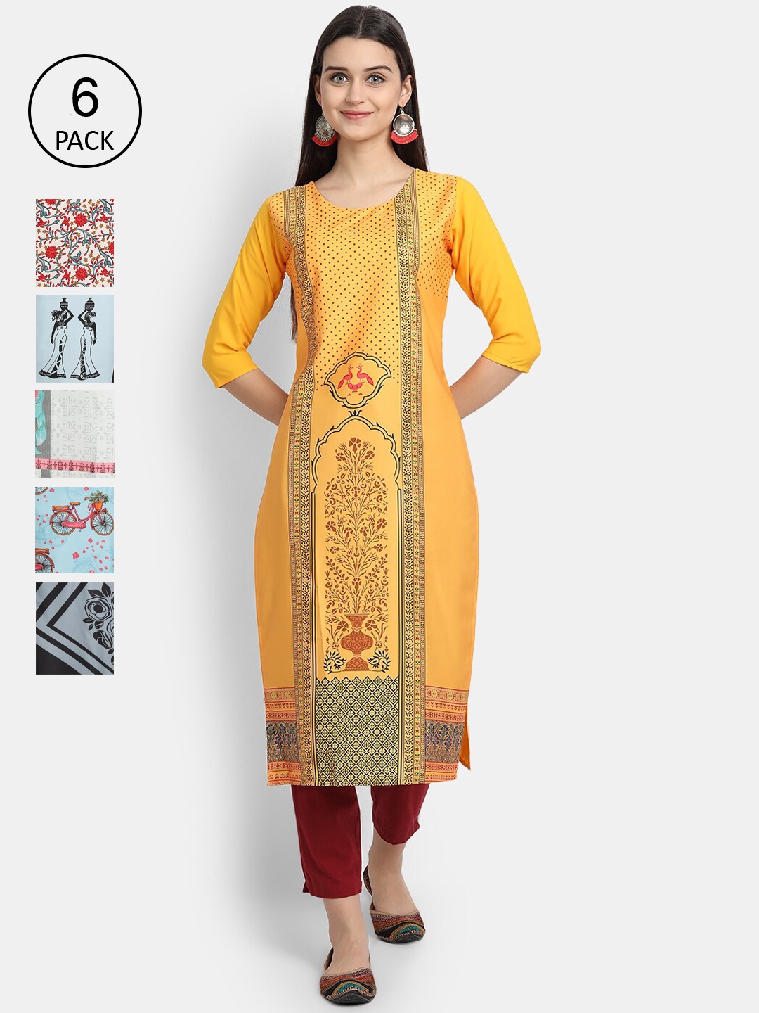 

7Threads Women Yellow & Blue Printed Crepe Kurta