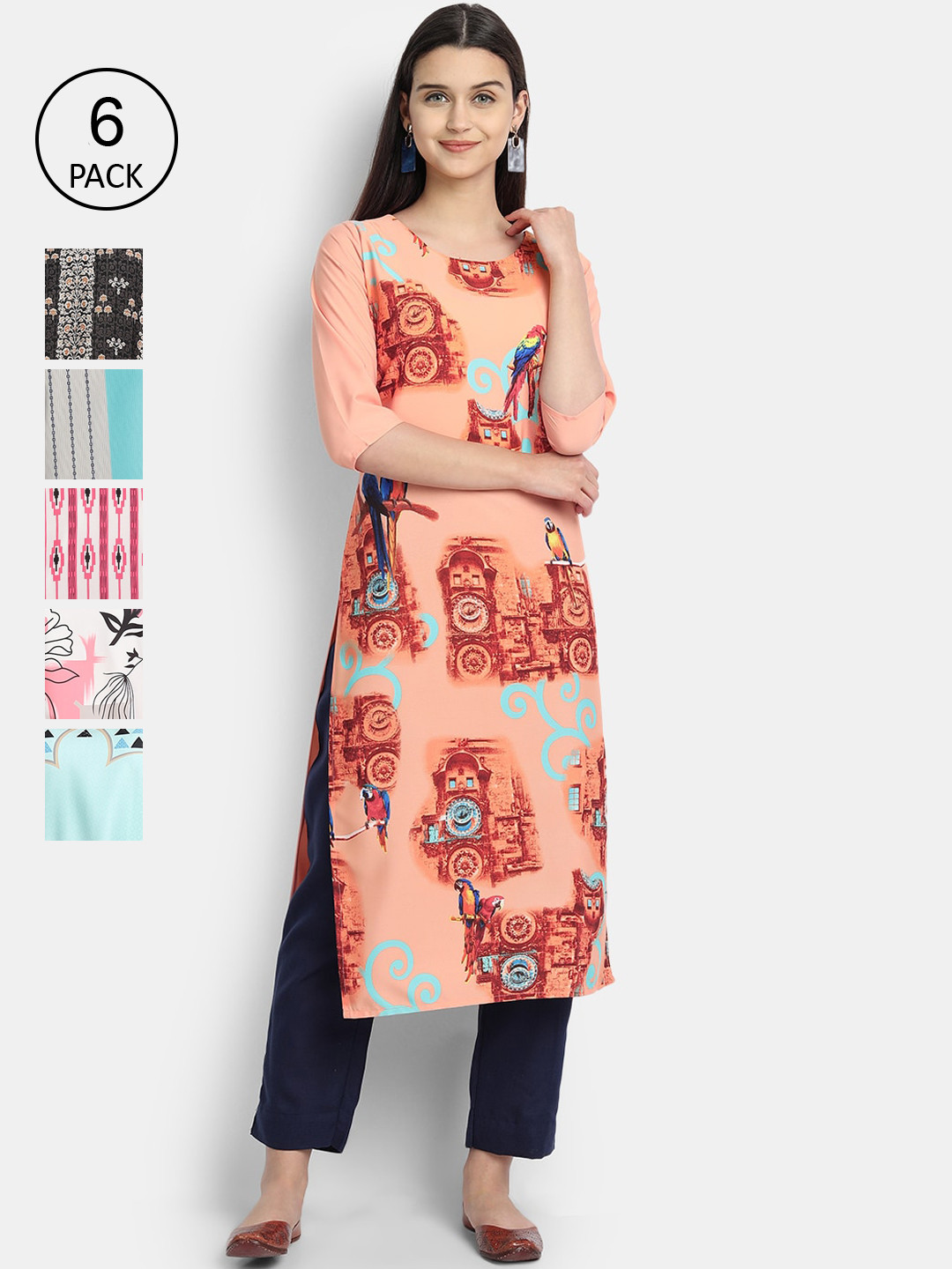 

7Threads Women Multicoloured Pack of 6 Printed Crepe Kurta, Multi