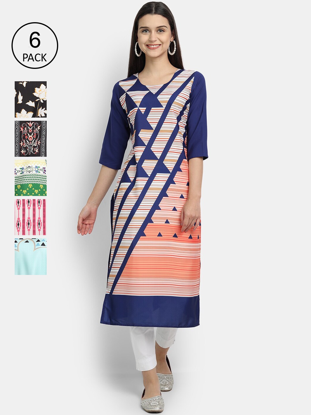 

7Threads Women Pack Of 6 Multicoloured Geometric Printed Crepe Kurta, Multi