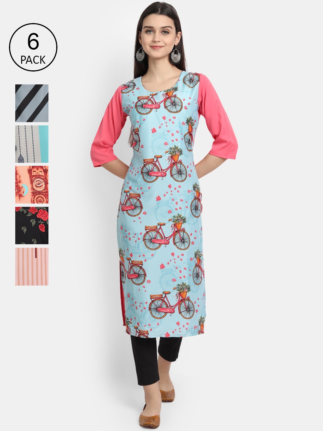 

7Threads Women Pack of 6 Multicoloured Printed Straight Kurta, Multi