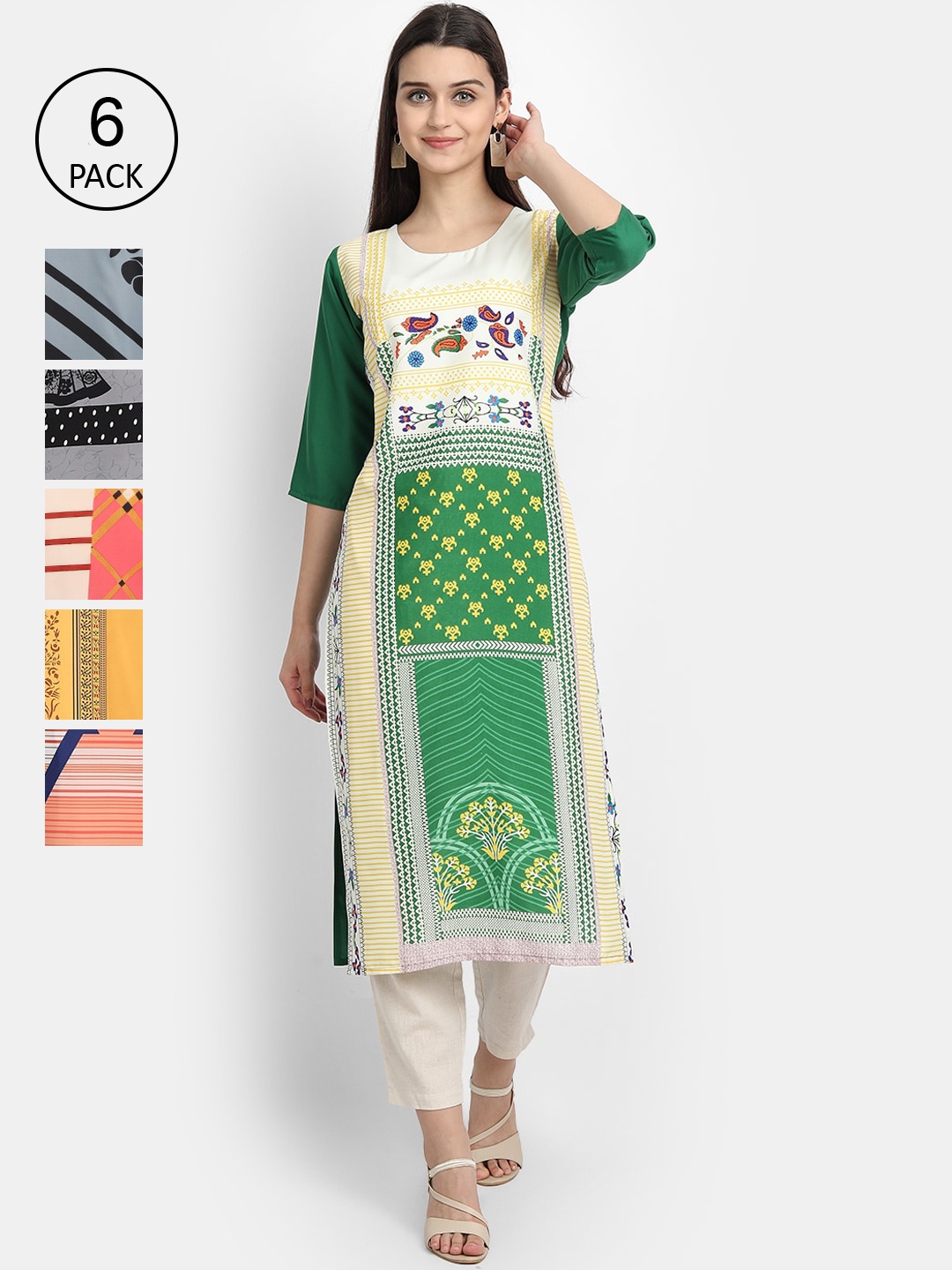 

7Threads Women Pack of 6 Printed Crepe Kurtas, Green