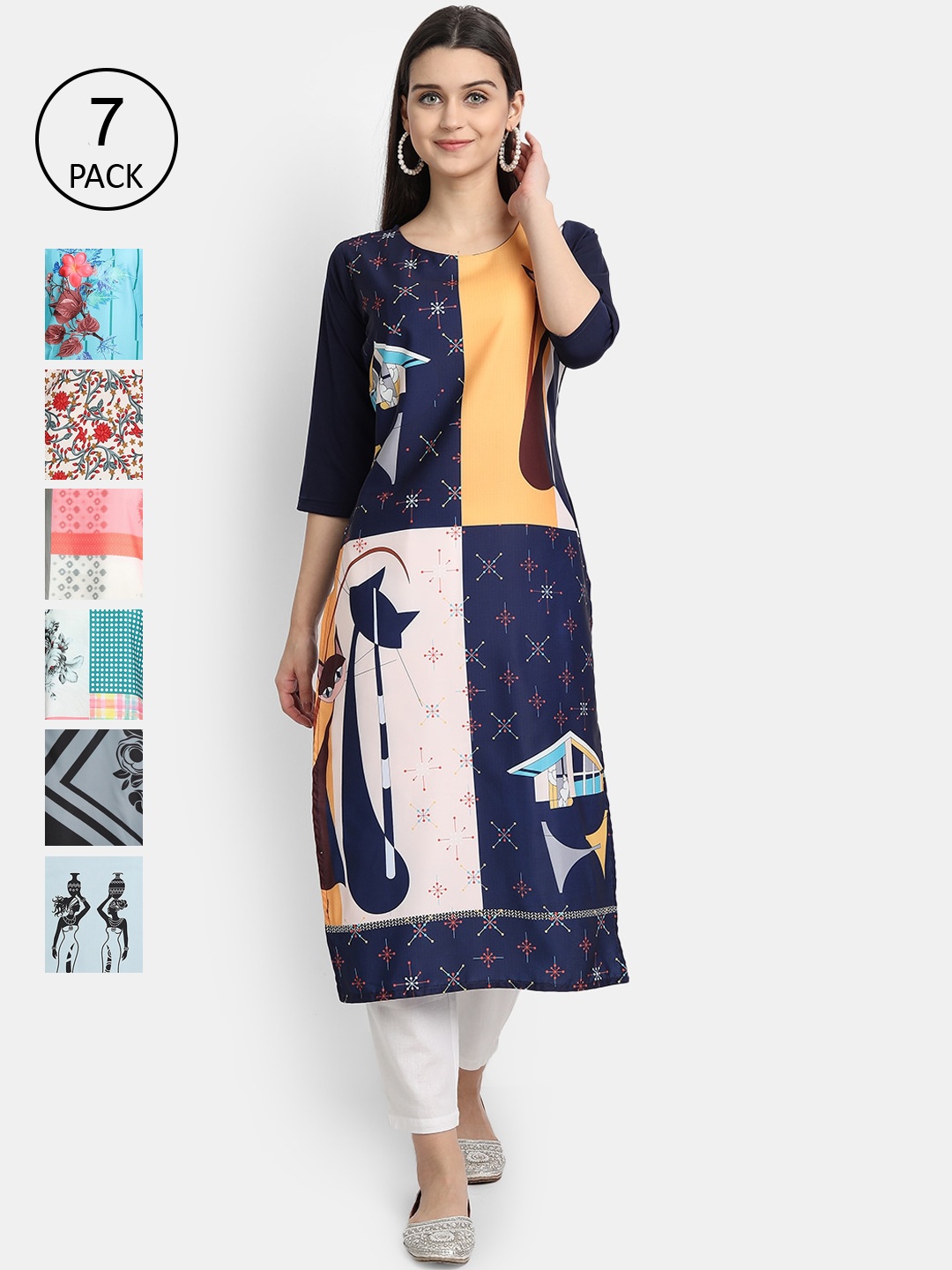 

7Threads Women Pack Of 6 Printed Crepe Kurta, Blue