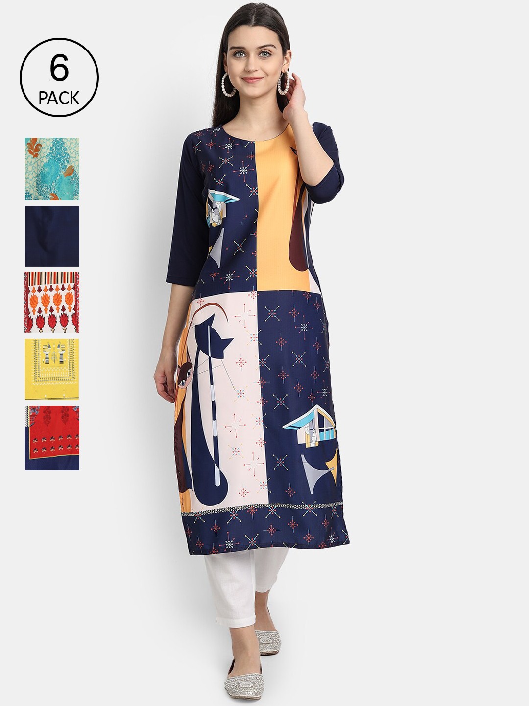 

7Threads Woman Pack of 6 Multicoloured Ethnic Motifs Printed Crepe Kurta, Multi