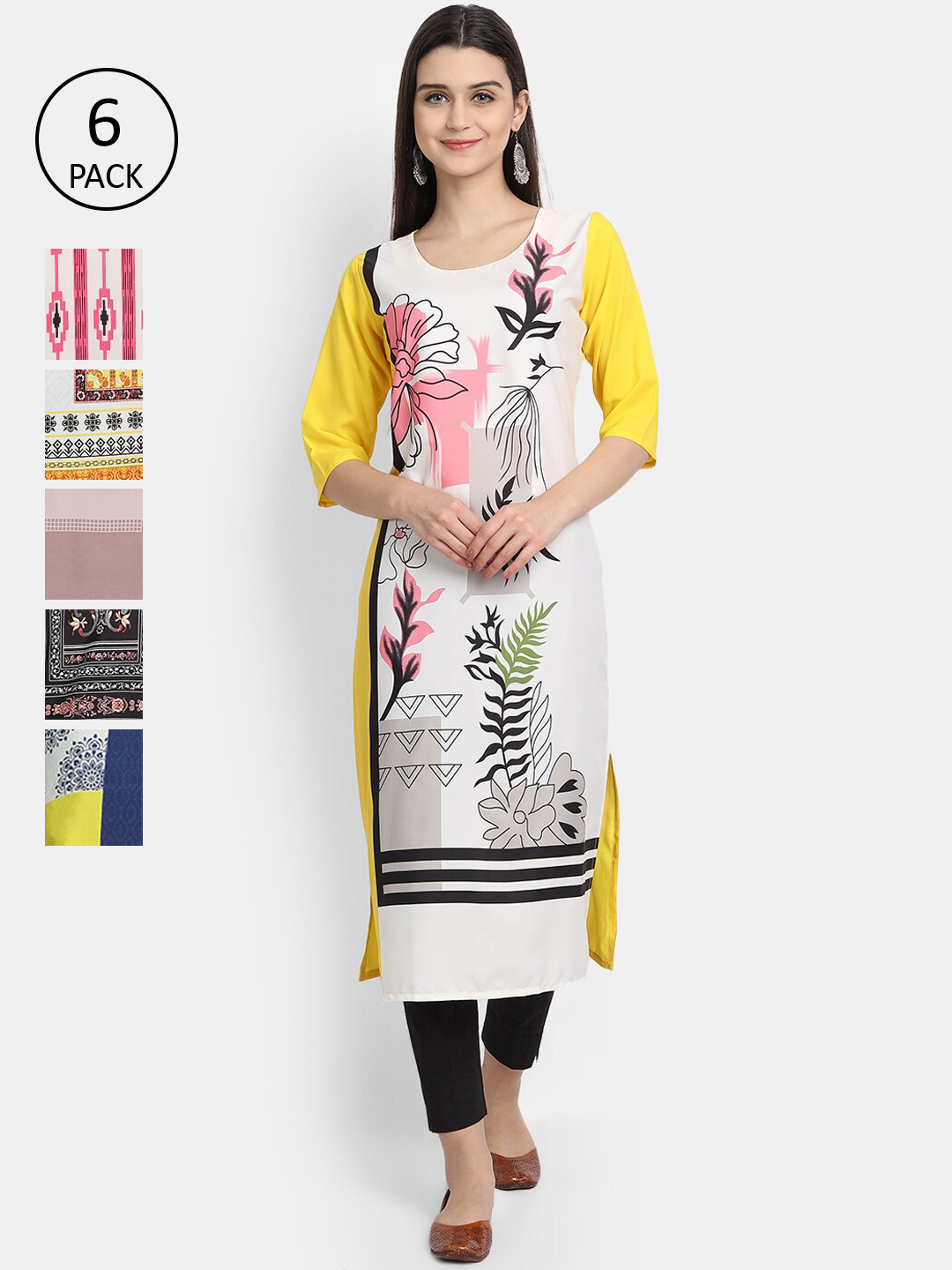 

7Threads Women Pack Of 6 Crepe Kurtas, Multi
