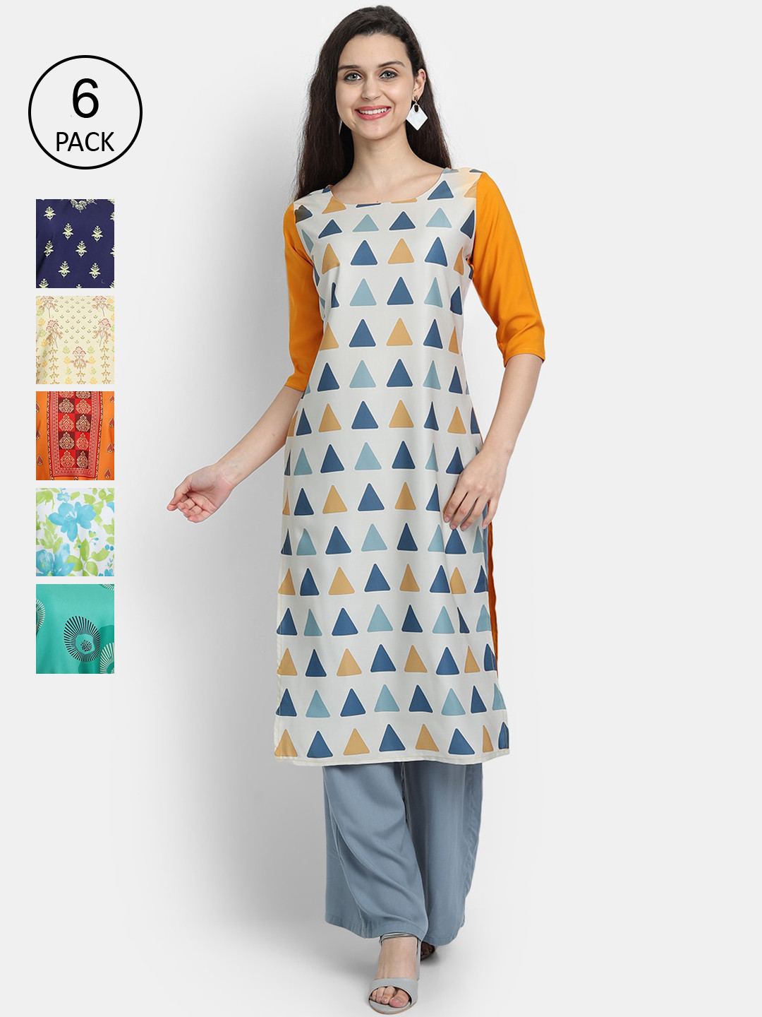

7Threads Women Pack of 6 Ethnic Motifs Printed Crepe Kurtas, Multi