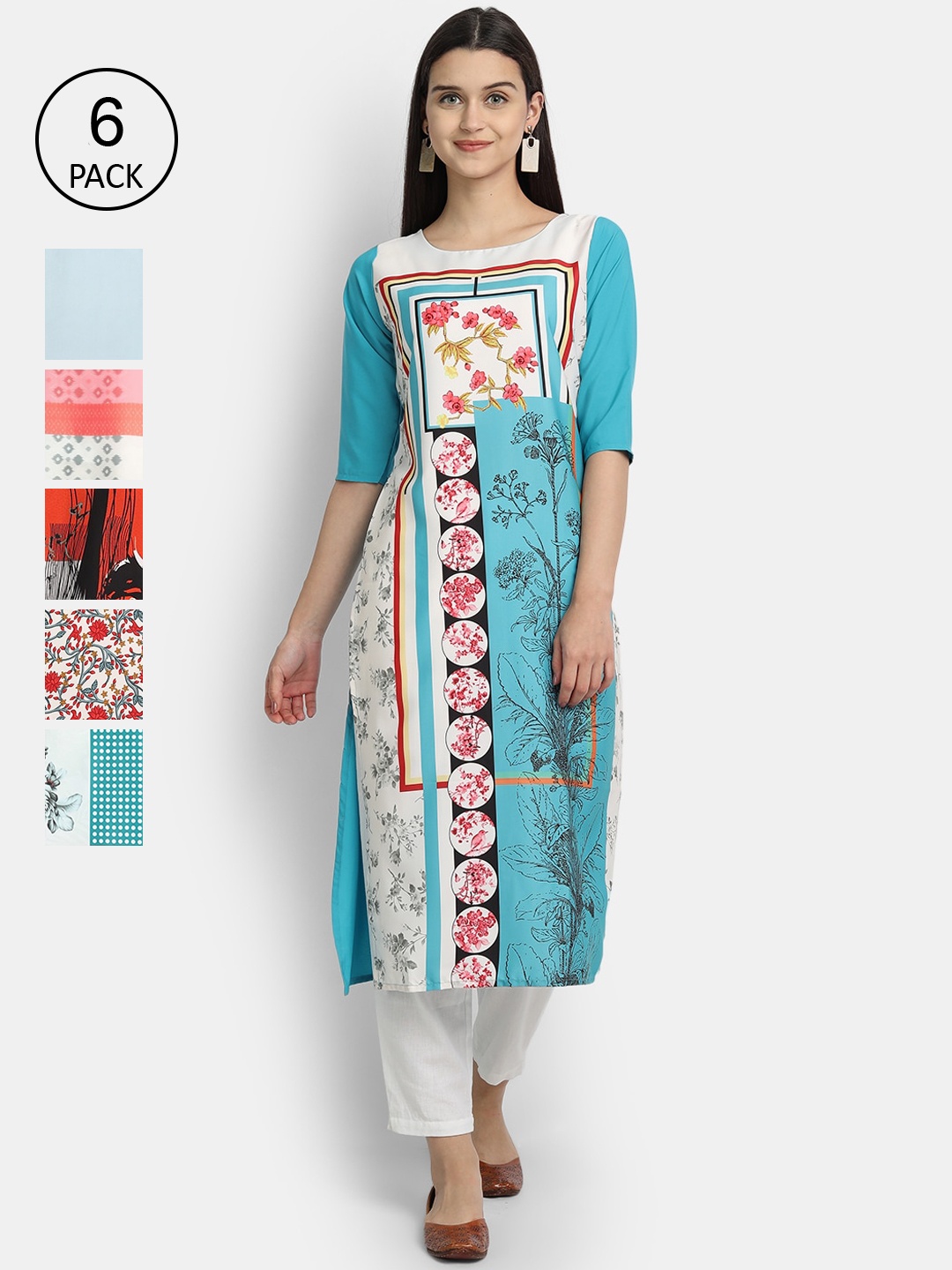 

7Threads Women Multicoloured Pack of 6 Floral Printed Crepe Kurta, Multi