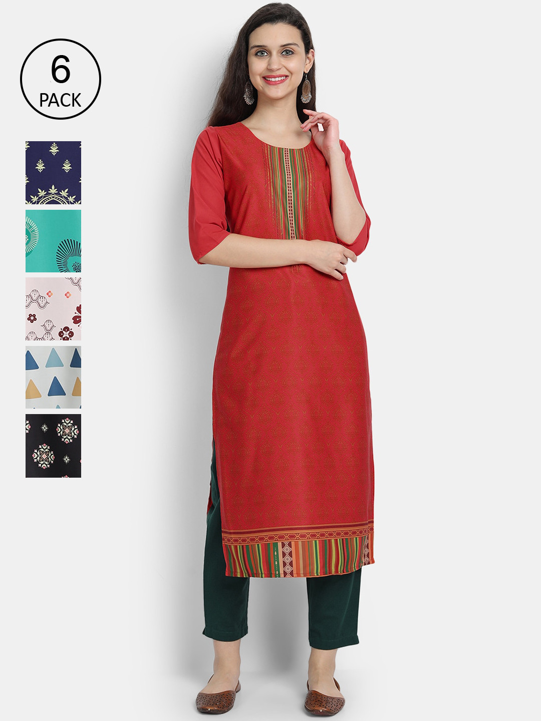 

7Threads Women Pack Of 6 Multicoloured Ethnic Motifs Printed Crepe Kurta, Multi